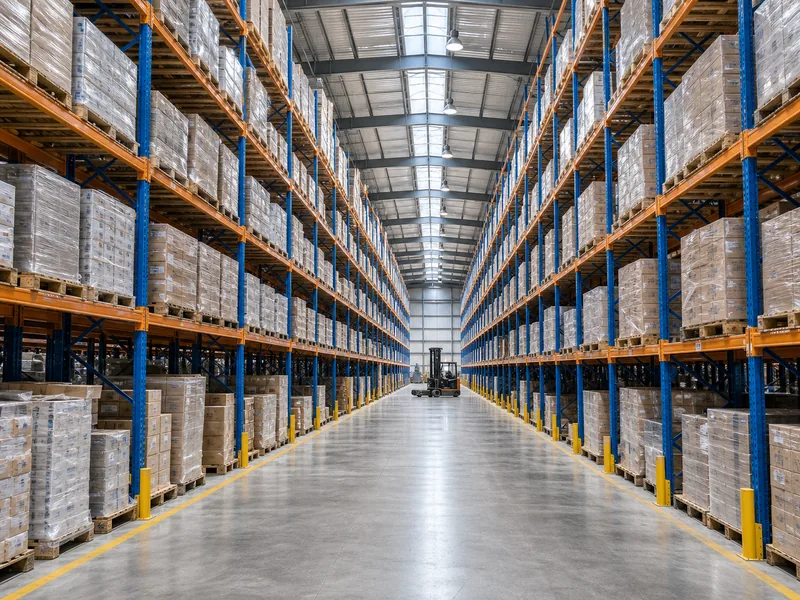 Home 57 Tall selective pallet racking and forklift aisles in an industrial warehouse