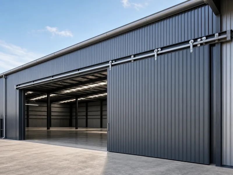 Home 58 Industrial warehouse sliding doors open across a steel building's exterior wall