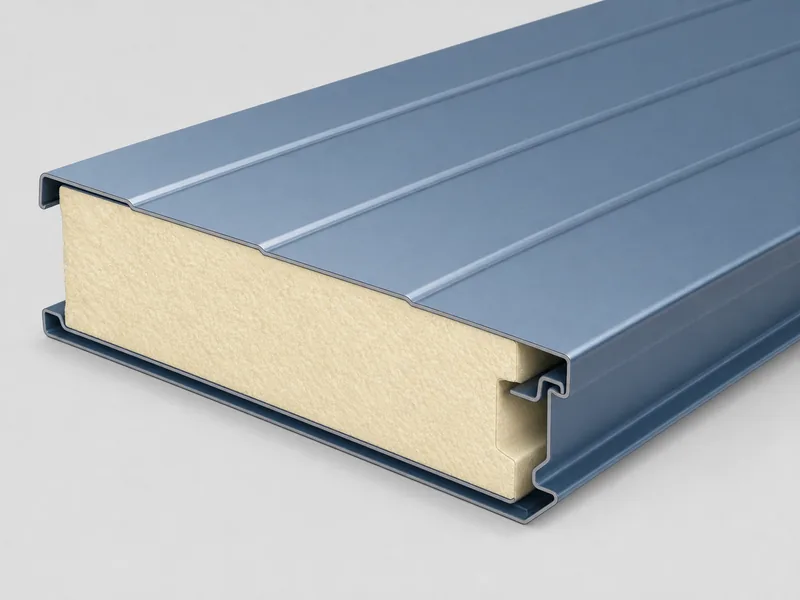 Cutaway of an insulated metal panel showing foam core between metal skins