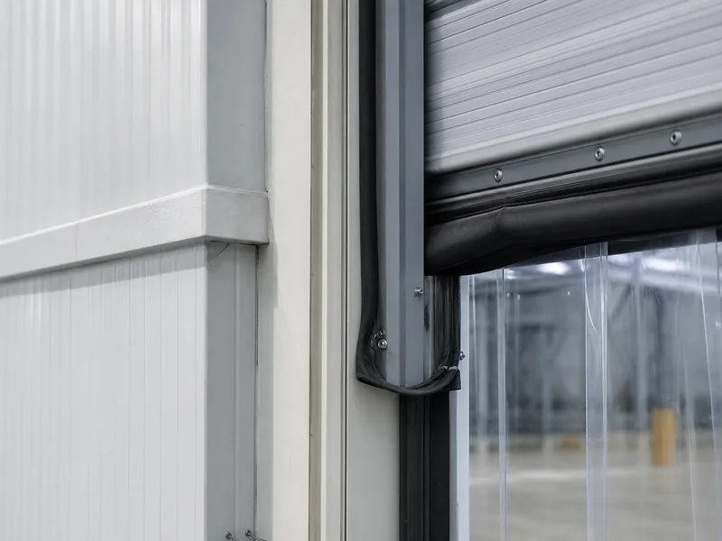 Insulated metal panel wall with high-speed freezer doors and strip curtains