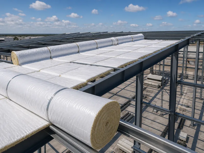 Blanket insulation rolled over purlins during metal building construction