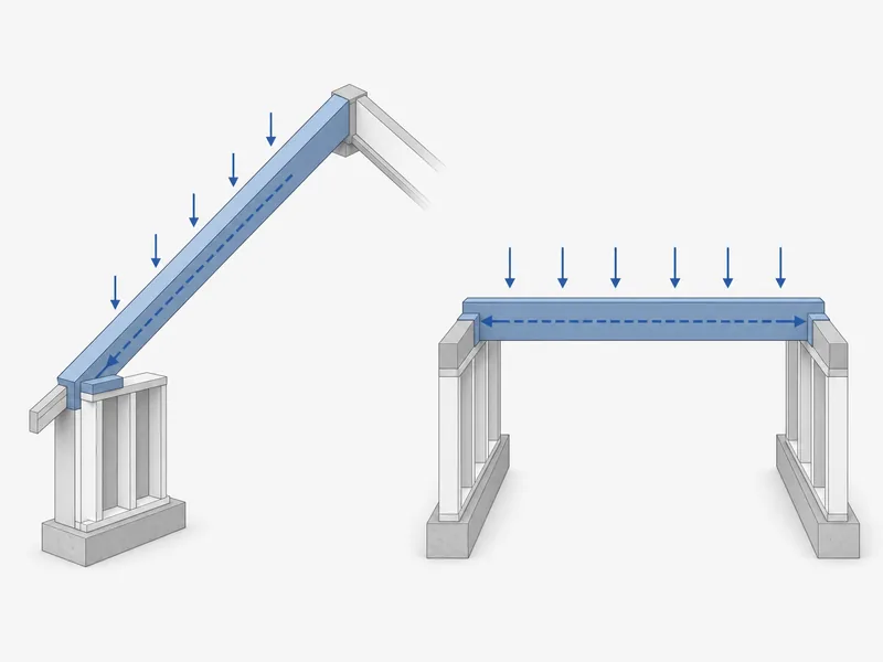 Diagram comparing a sloped rafter with a flat horizontal joist