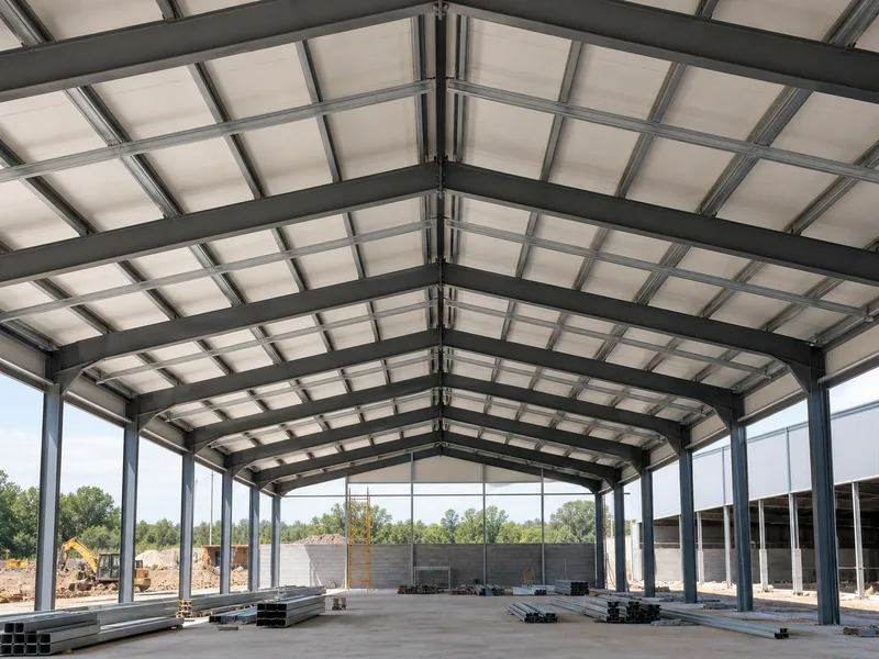 Steel rigid-frame rafters and purlins forming a sloped roof