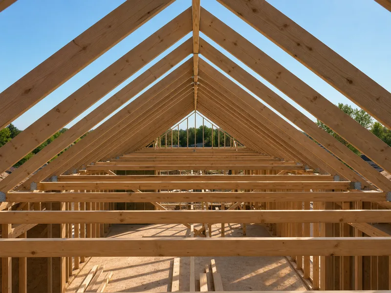 Sloped roof rafters meeting at the ridge above horizontal ceiling joists