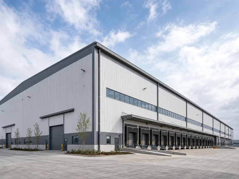 Large steel-frame industrial warehouse exterior under a clear sky