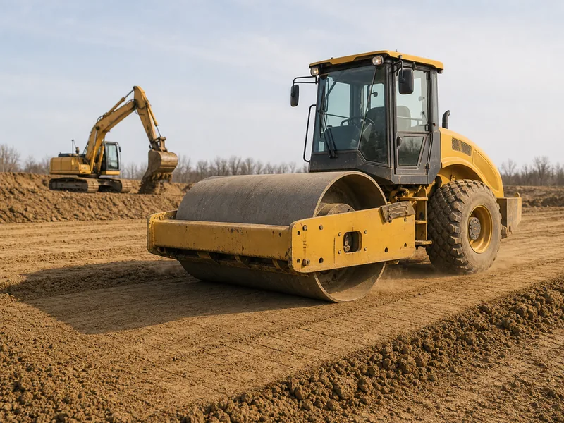 Roller compacting a fill lift on a building site
