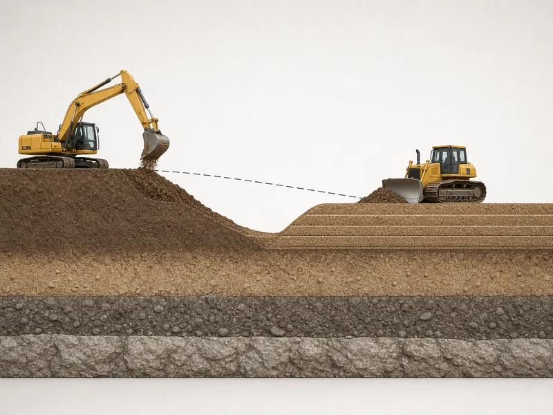 Cross-section of cut and fill meeting a level design grade