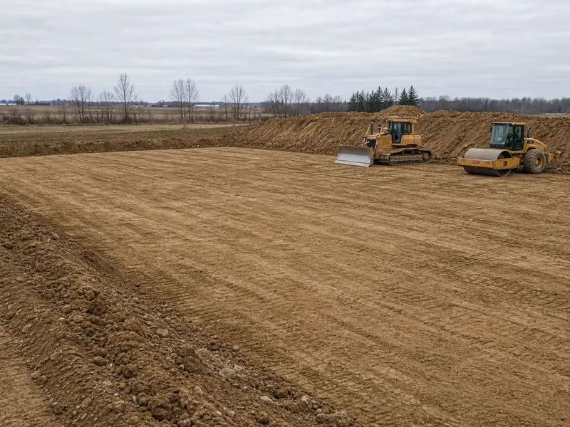 Home 57 Compacted, graded building pad with an earthmover after site leveling