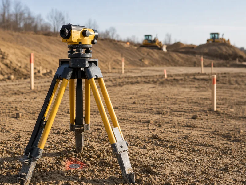 Survey instrument set over a benchmark on a graded lot