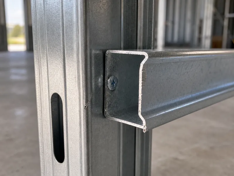 Borde cortado del montante de acero galvanizado y tornillo donde comienza la corrosión
