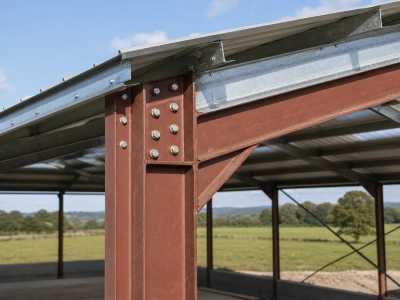 Steel rigid frame and Z-purlins spanning a column-free barn interior