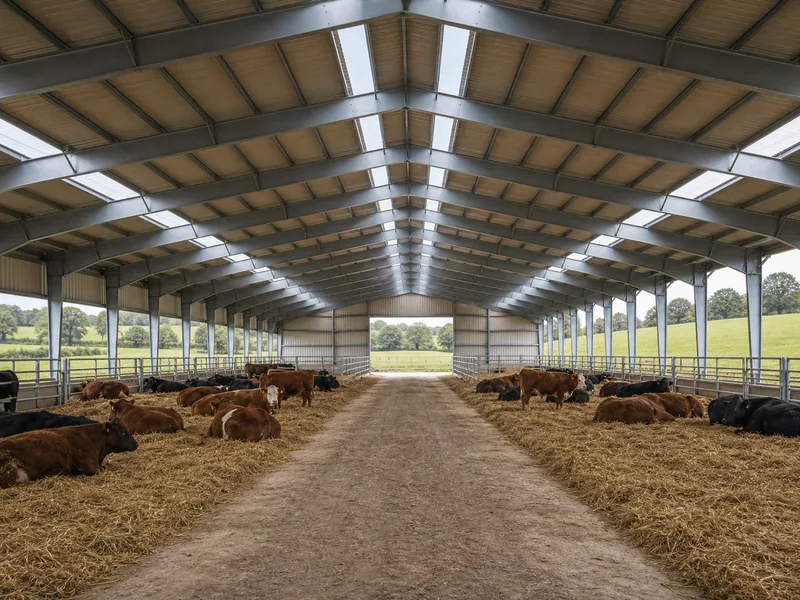 Home 57 Cattle resting in a clear-span steel livestock barn with an open central alley