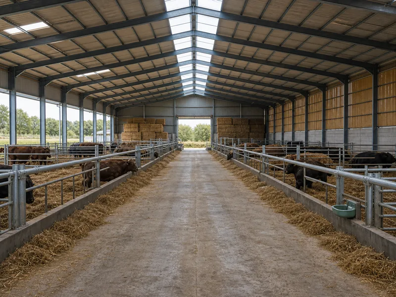 Central feed alley and side pens inside a steel livestock barn