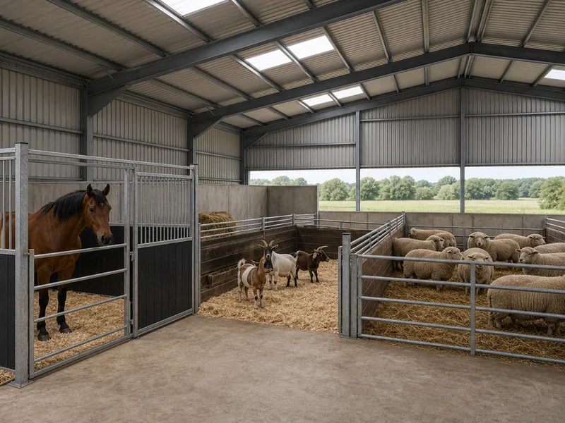Box stalls and group pens sized for horses, goats, and sheep in a metal barn