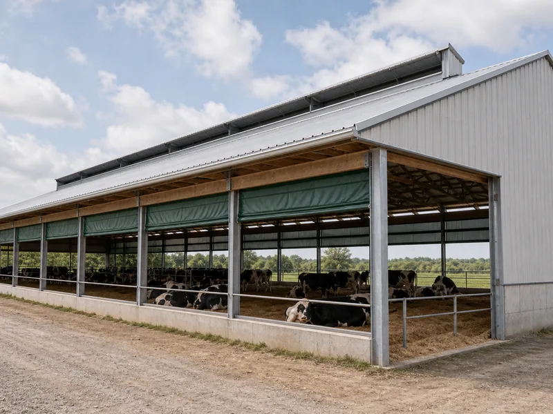 Curtain-sided livestock barn with ridge and eave vents