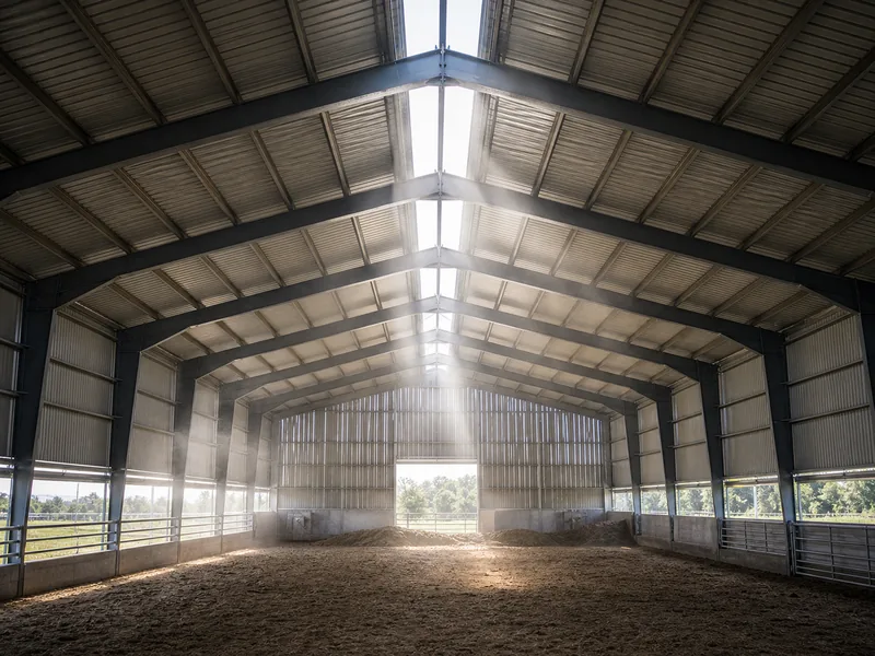 Ridge vent and open sidewall moving air through a livestock barn roof