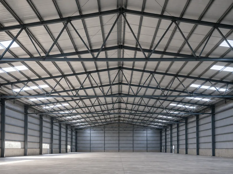 Long-span Pratt steel truss carrying a clear-span warehouse roof