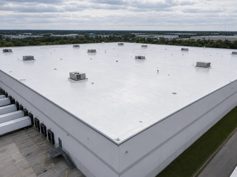 Low-slope warehouse roof with internal drainage on a wide building