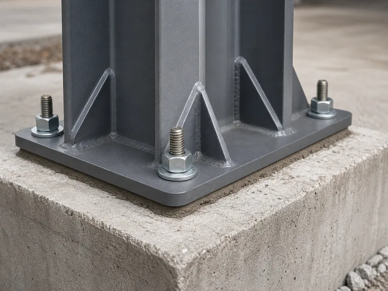 Close detail of steel column base plate bolted to an anchor-bolt layout, the fit-up accuracy that reduces erection labor hours