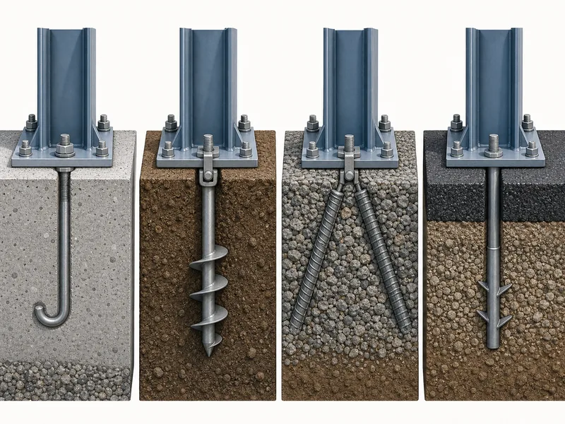 Ancrages à béton, à tarière, en acier à béton et pour asphalte adaptés aux différents types de sol