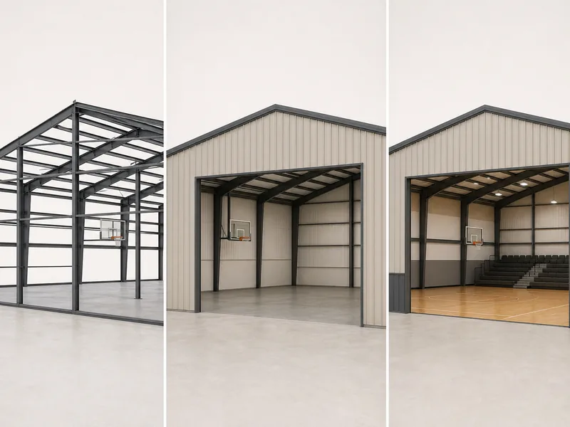 Three stages of a metal building basketball gym
