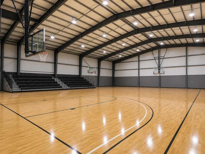 Finished steel basketball gym interior with sports flooring
