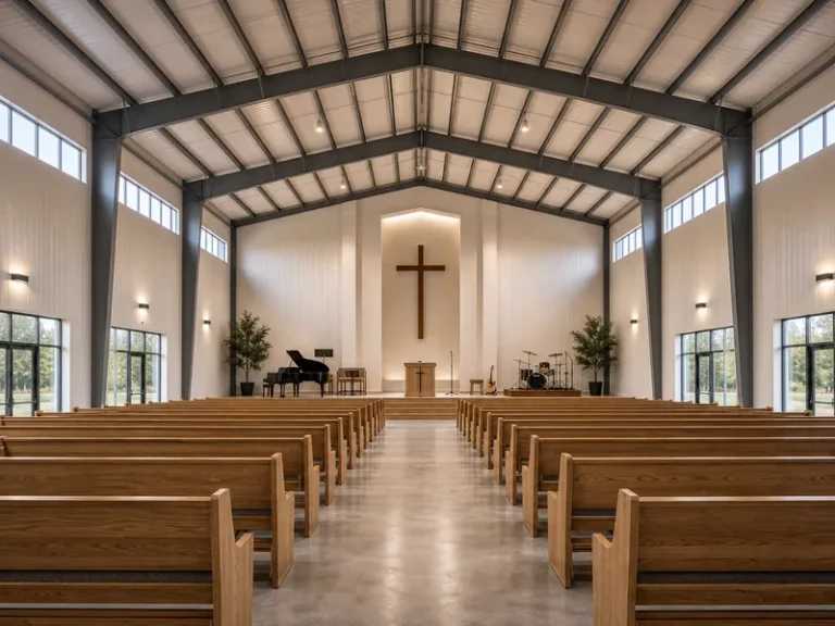 Aménagement intérieur et acoustique d'une église en bâtiment métallique