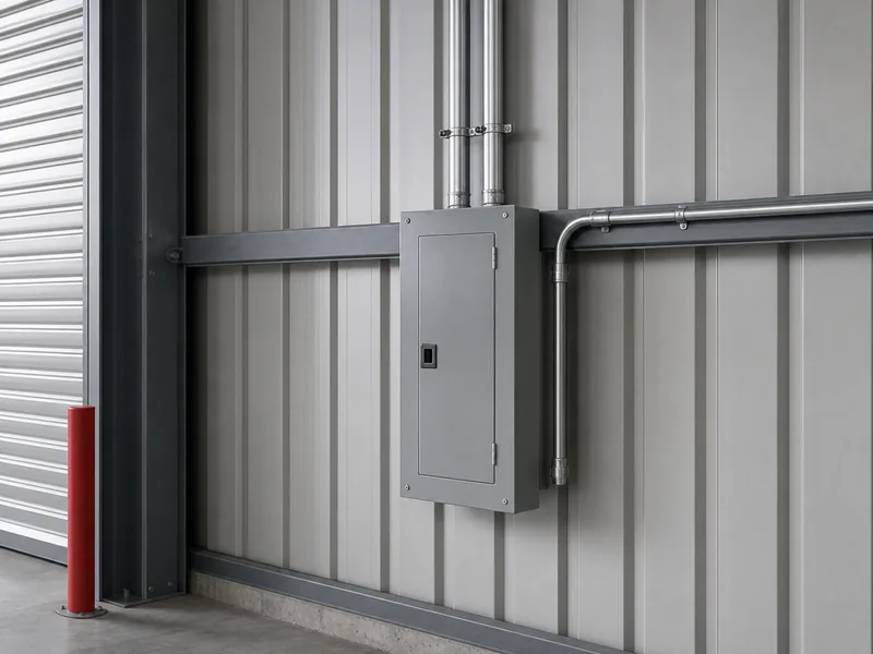 Breaker panel mounted on a steel wall with conduit risers