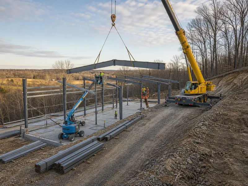 Erection crew with a crane positioning steel rafters on a sloped jobsite, showing site conditions that move erection labor cost