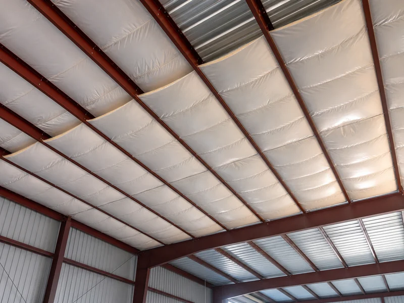 Faced fiberglass blanket insulation unrolled across the roof purlins of a steel building