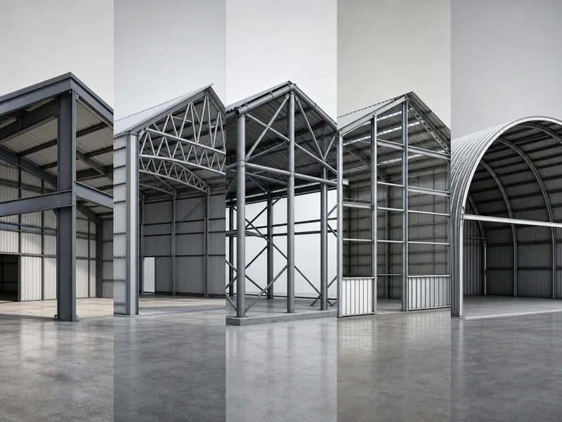 Side-by-side silhouettes of five metal building frame styles, comparing rigid frame, web truss, tube steel, C-channel, and quonset arch