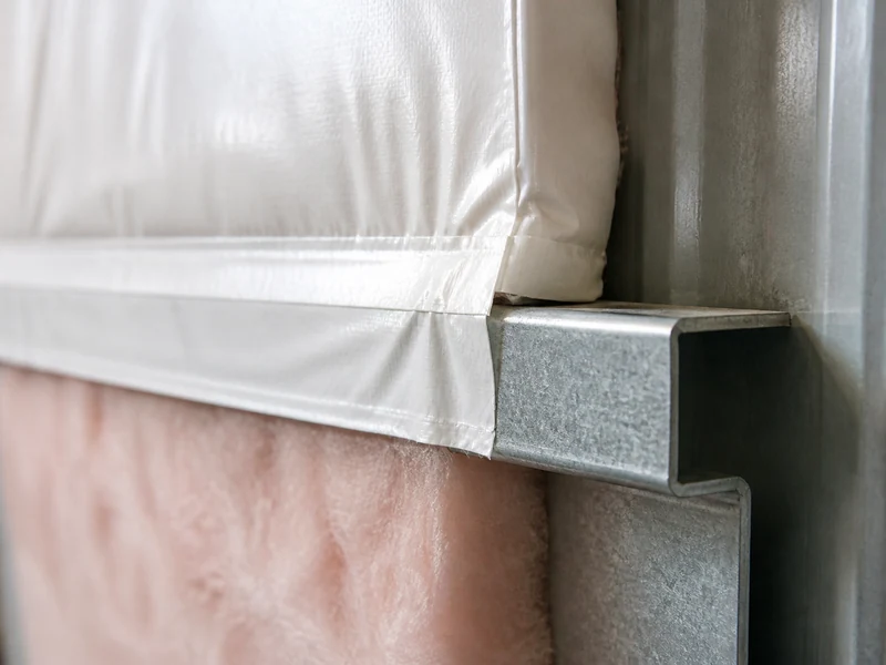 Close-up of the facing on a fiberglass blanket sealing against a steel purlin