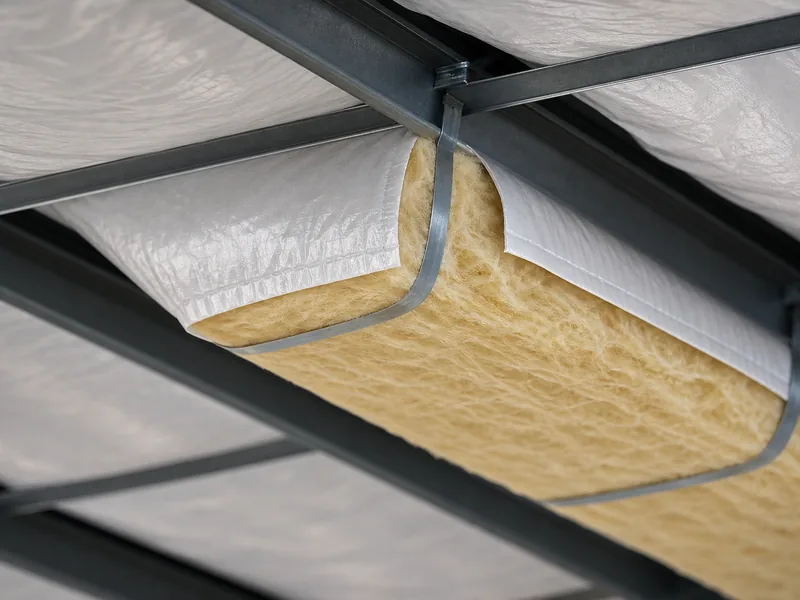 Fiberglass blanket insulation fitted between steel roof purlins in a metal building