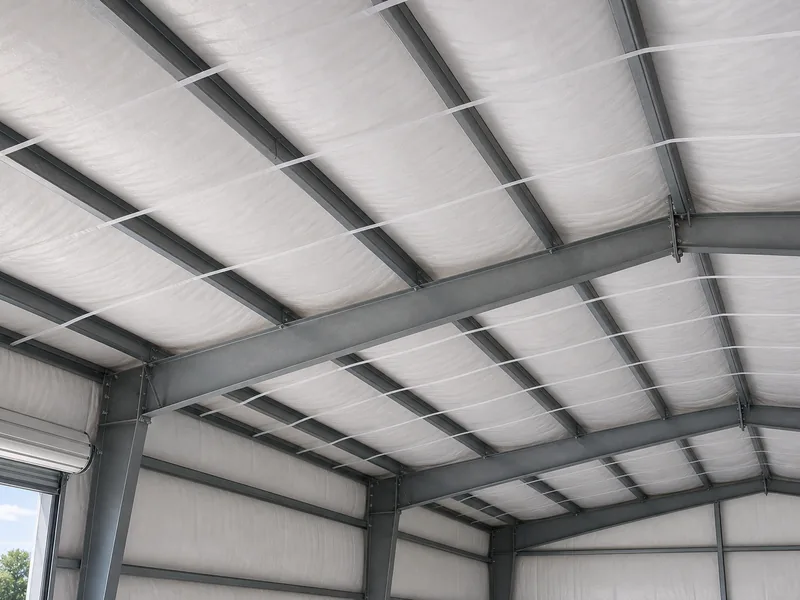 Liner system with continuous insulation installed over steel roof framing
