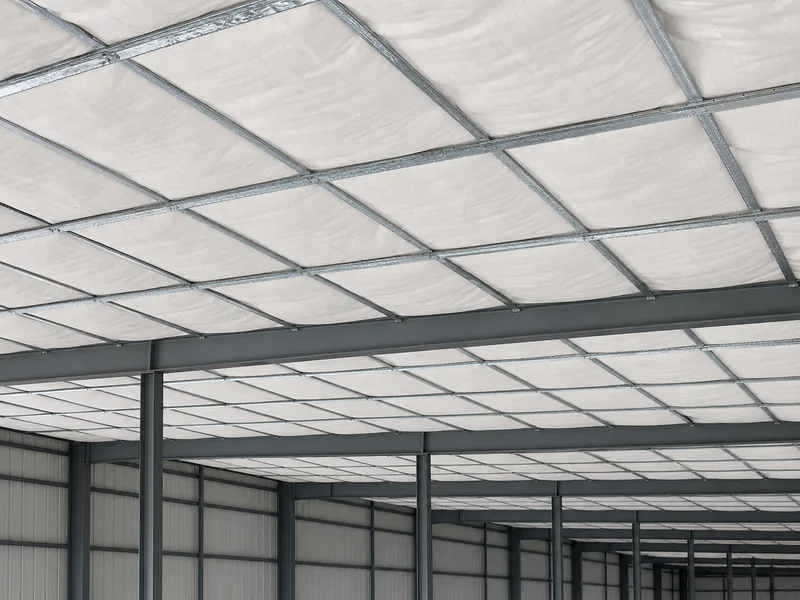 Steel band grid under purlins holds blanket in a metal building retrofit