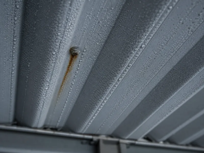 Condensation on a bare steel panel before a metal building insulation retrofit