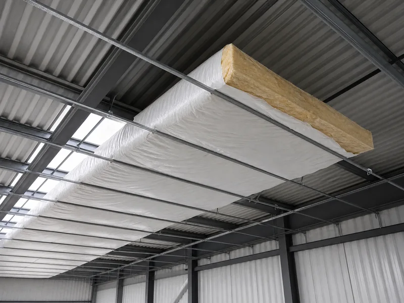 Banded fiberglass insulation retrofit under the roof purlins of a metal building