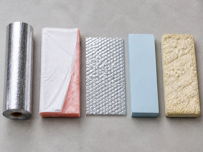 Reflective foil, fiberglass blanket, foam board and spray foam samples lined up by cost
