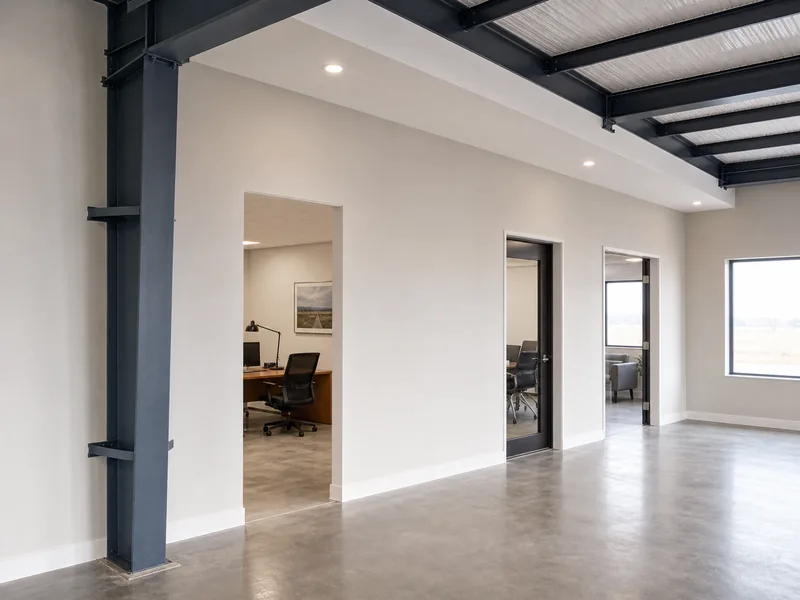 Home 58 Drywall-finished office interior inside a pre-engineered steel building