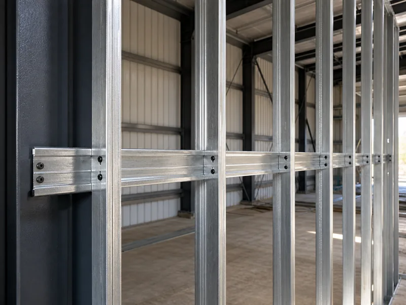 Steel studs fastened to girts framing an interior metal building wall