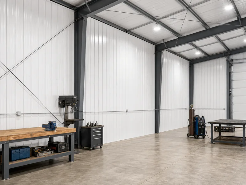 Steel liner panels lining a metal building workshop interior wall