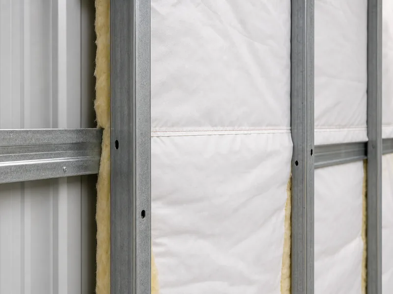 Faced insulation with a white vapor retarder behind a metal building wall