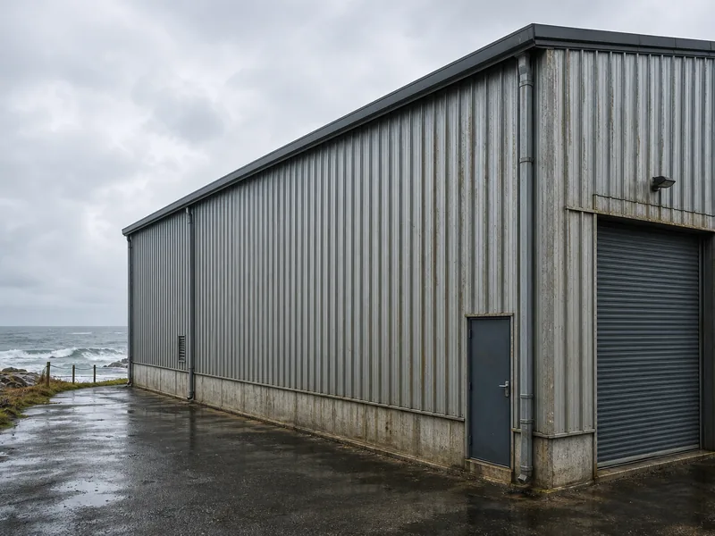 Metal building near a coastline
