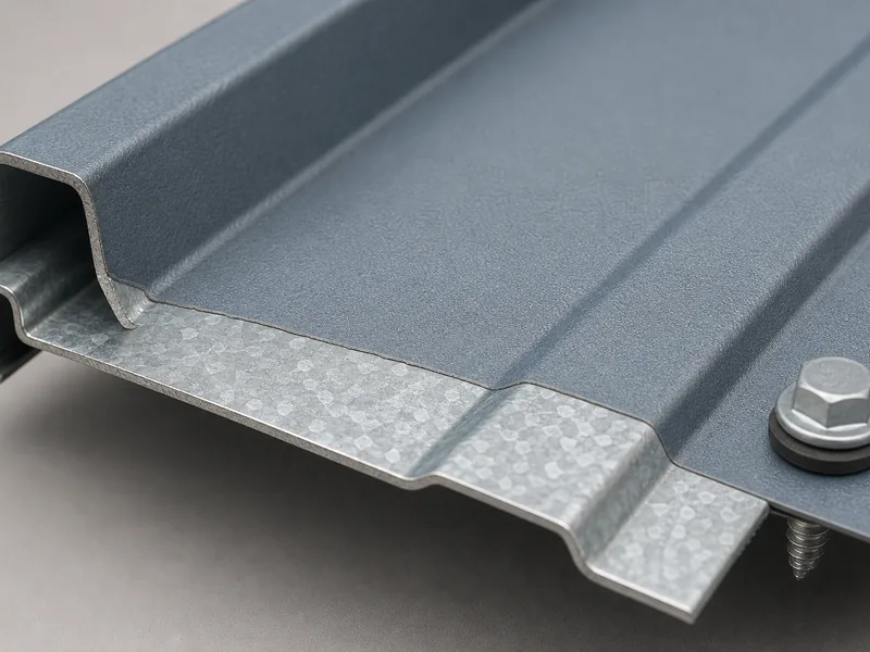 Close-up of galvanized and coated steel panel surface