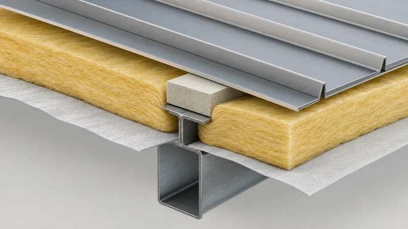 Metal building roof cross-section showing a purlin, blanket insulation and a thermal spacer block