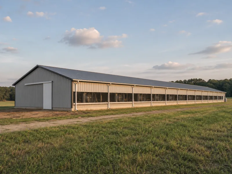 Agricultural steel building in a field where length and equipment clearance drive metal building sizes
