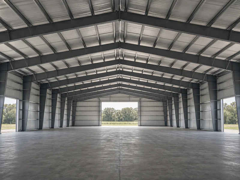  Interior steel frame with rafters and columns showing the clear-span width that limits metal building sizes