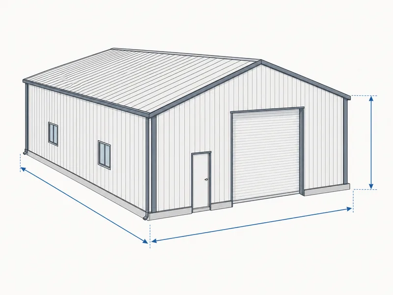Diagram of a steel building's width, length and eave height, the three dimensions of metal building sizes