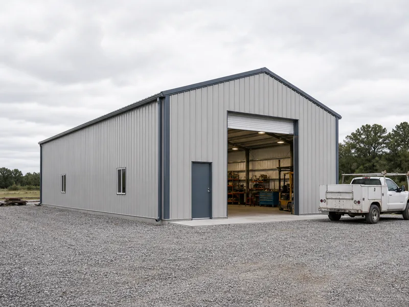Mid-size clear-span steel workshop exterior, a common metal building size for contractor use 