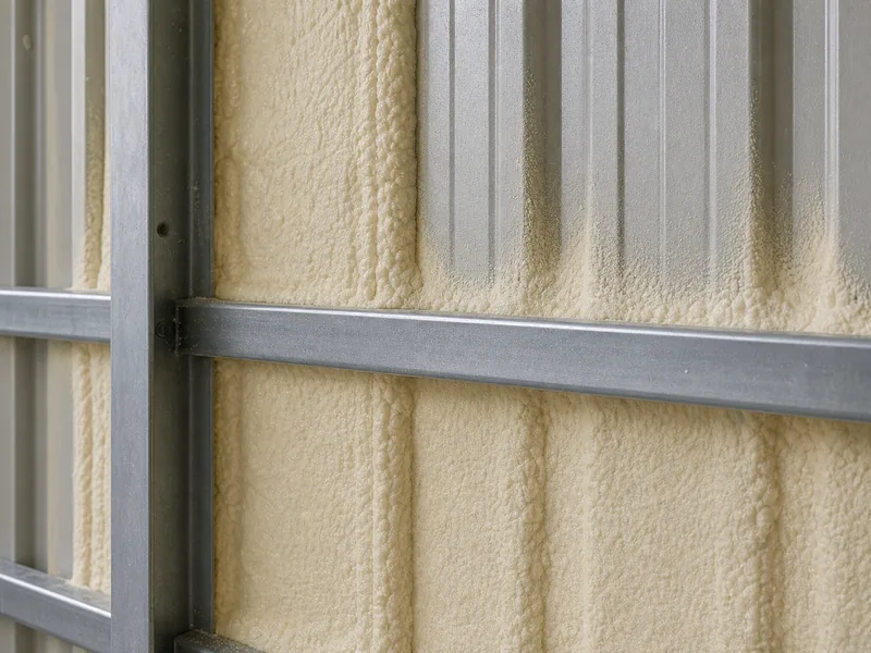 Closed-cell spray foam insulation applied to the inside of a metal building wall